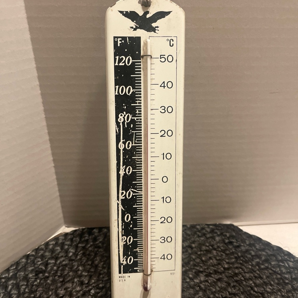 Vintage Cooper and White and Black Thermometer with eagle